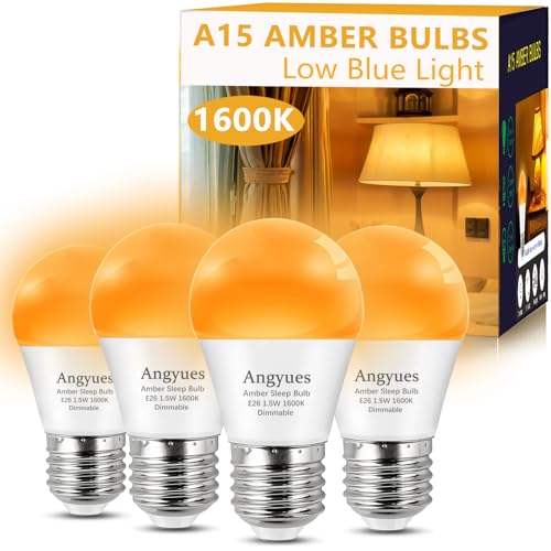 Angyues Amber Sleep Light Bulbs Dimmable Blue Light Blocking A15 1.5W(15 Watt Equivalent) Dim Light Bulbs for Lamp 1600K Warm Light Bulb E26 for Healthy Sleep Bedroom Kids Room 4 Pack
