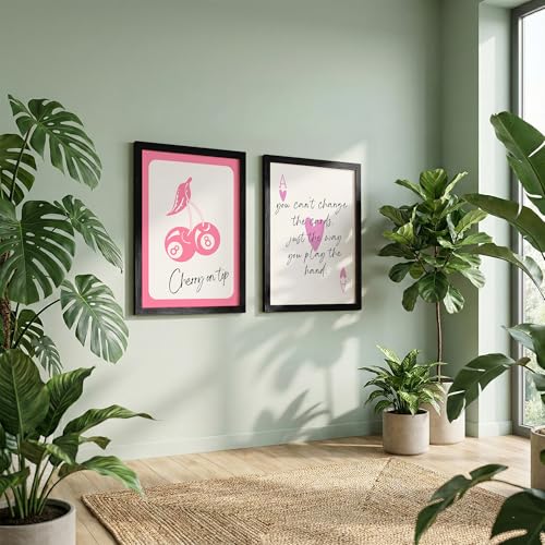 Image of NoWorries Pink Playing Cards Wall Painting Set | Cherry on Top and Ace Quote Art Prints | Aesthetic Card Theme Wall Decor | Premium 300 GSM Paper Print with Synthetic Wooden Frame | Modern Decor for Bedroom & Living Room (Set of 2) (BLACK, ART-4, 13X19INCHES)