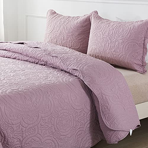 Honeilife Bedspread Quilt Set King - 3 Piece Embroidered Microfiber Bedspread Reversible Coverlet Lightweight Bedcover Mandala Pattern Bedding Set All Season Quilts-Sweet Lavender, King Size #TOP2