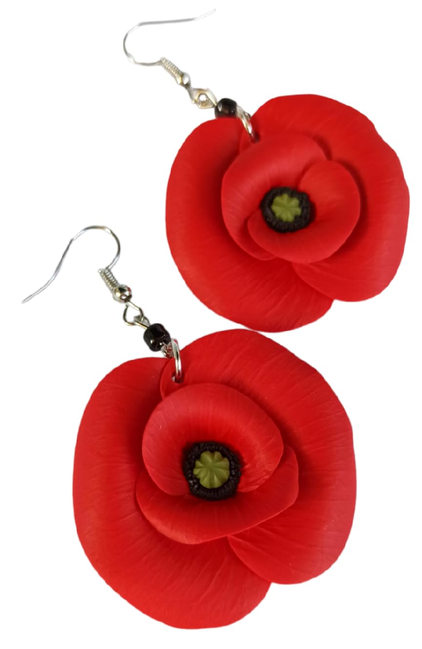 Boucles d’Oreilles Coquelicot Artisanales en Pâte Polymère Fait Main Made in Italy – Bijoux Floraux avec Acier Inoxydable et Perle Noire