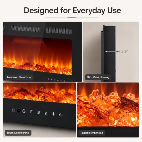 Image of Garvee 32.77 inchElectric Fireplace Wall Mounted & Recessed, Dual Heat Settings, Timer 1-8H, Low Noise, Remote & Touch Control, Realistic Flame Effects, Logs & Crystals Included, Slim Design for Any Room,