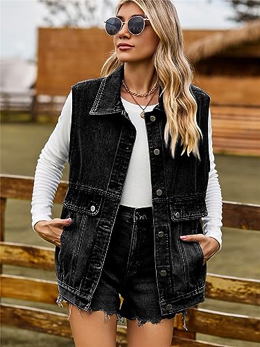 Image of PAODIKUAI Women's Oversized Denim Vest - Sleeveless Distressed Jean Vest with Pockets for Casual Layering