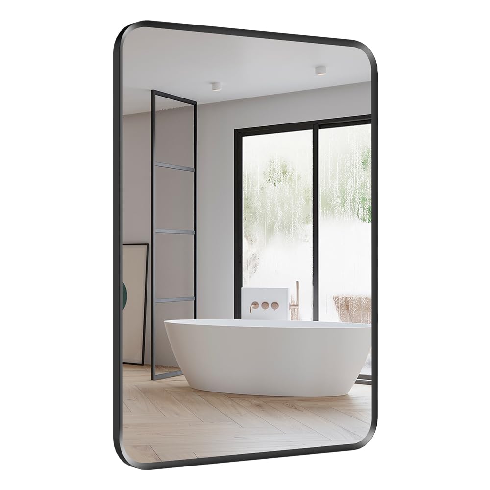 Sponsored Ad – Bathroom Mirror 50x70cm Rectangular Mirrors BLACK Bathroom Wall Mirror Vanity Mirrors Horizontal or Vertical hanging brushed Aluminium Frame for Bedroom Living Room Home Decor