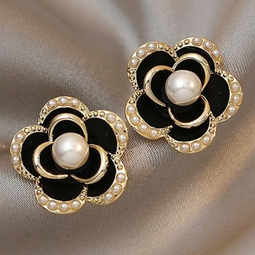 Floral Pearl Earrings With Black Enamel, 14K Gold Plated Flower Studs for Women - Camellia Black Cute Pearl Design2