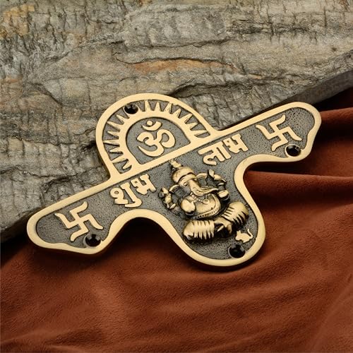 Image of DEVDECOR, Brass Shubh Labh Wall Hanging with Lord Ganesha Idol - 6.4 inch Decorative Hindu Door /Entrance Plaque with Om & Swastik Symbols for Home Temple & Vastu