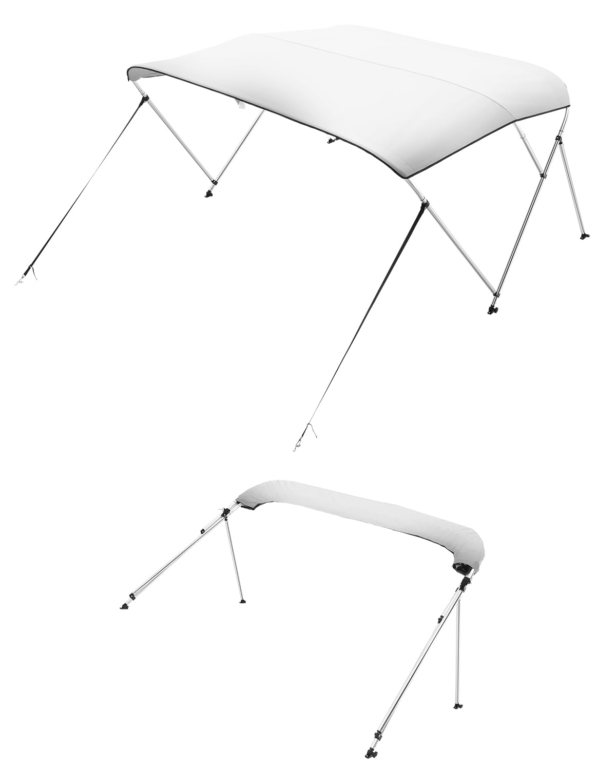VEVOR 3 Bow Boat Bimini Tops, 600D Polyester Canopy with Aluminum Alloy Frame, Waterproof & Sun Shade Boat Awning Canopy with Storage Bag, 2 Support Poles, 4 Straps, 6'Lx(61"-66") Wx46 H, Light Grey