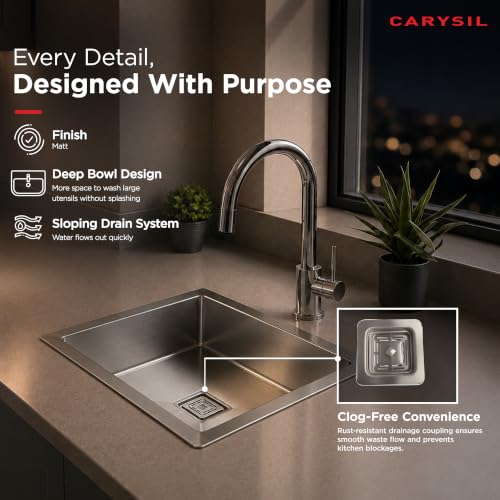 Image of Carysil Micro Radius R10 Handmade 304 Stainless Steel Sink 21x18x8 Inches, 10mm Corner Radius, Single Bowl, Deep Bowl, Sloping Drain, SS Coupling, Special Padding & Anti-Condensation Undercoating
