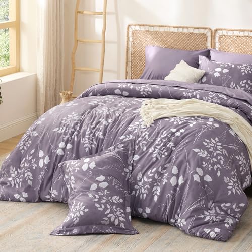 Image of Bedsure Floral Grayish Purple Comforter Set, King Bedding Sets, 7 Piece | Bed in a Bag, Comforters, Bedroom, Reversible, Fluffy, Whisper-Quiet, All-Season, Polyester, Easy Care, Botanical-Chic, OEKO