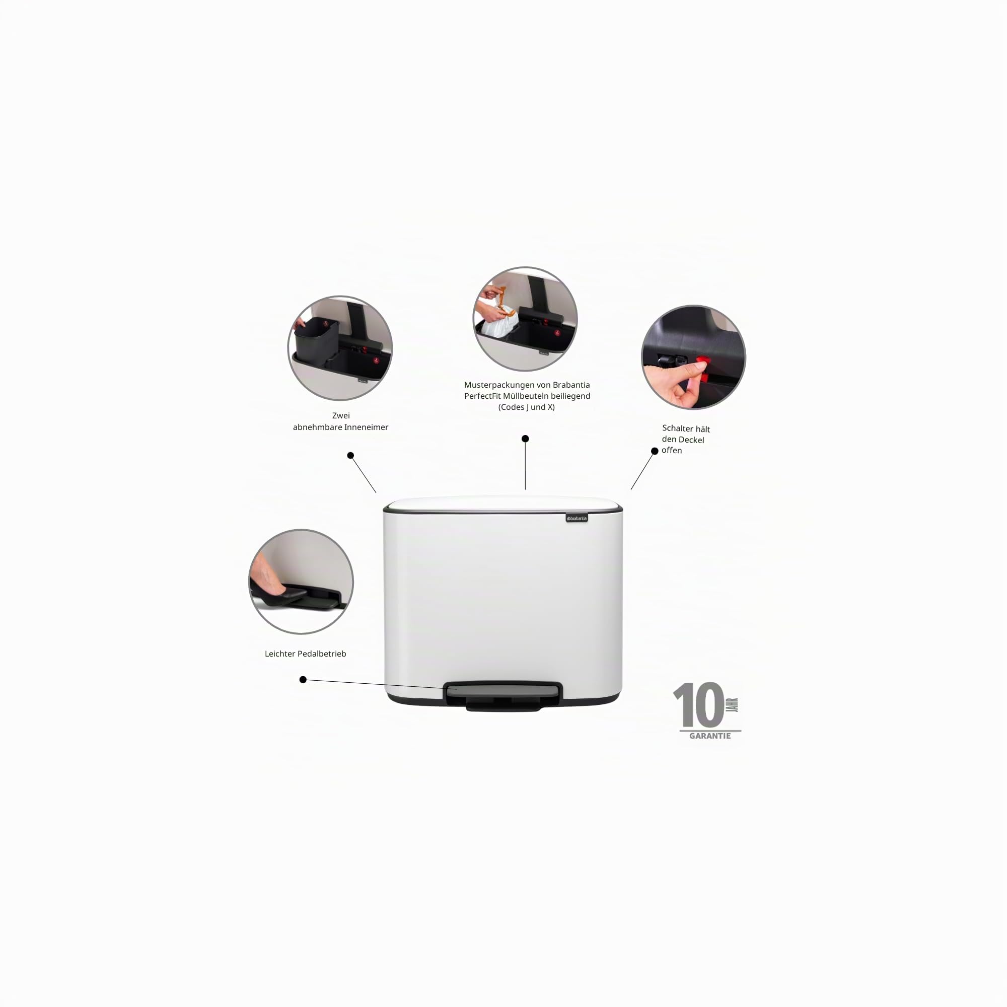 Brabantia Bo Treteimer 11 plus 23 L Abfalleimer, Metall, Weiß, 54 x 36.5 x 44 cm, 1 Einheiten