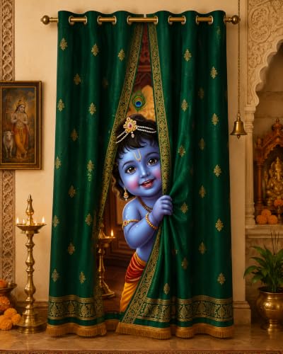 Image of Bal Krishna Green Digital Eyelet Curtain| Mandir /Home Decor 6Ft 1pc