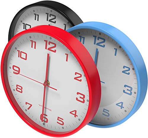 Vremi 10 Inch Silent Universal Round Wall Clock - AA Battery Operated Colorful Analog Clock for Home Office Classroom or Garage - Easy to Install Non Ticking Indoor Decorative Easy Read Clock - Red