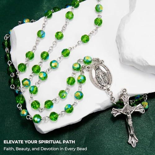 Nazareth Store Green Crystallized Glass Beads Rosary Necklace Holy Mary Medal & Cross Crucifix Handmade Christian Holy Rosary for Men and Women4