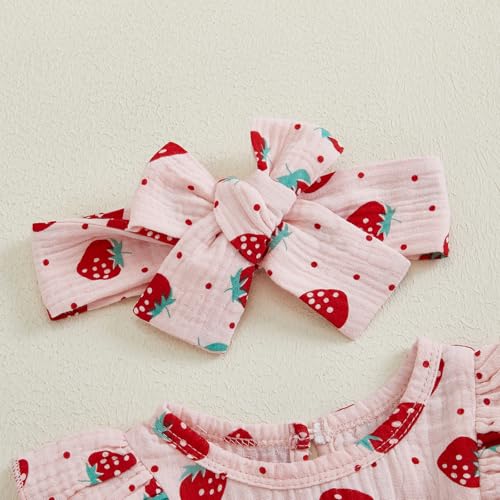Infant Baby Girls Romper Strawberry Print Bow Long Sleeve Ruffle Full Length Jumpsuit Cute Headband 2Pcs Sets4