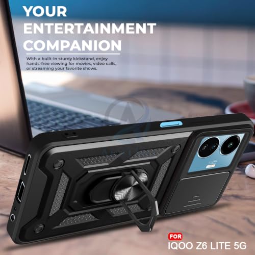 Image of AESTMO Tough Armor iQOO Z6 Lite 5G Bumper Back Case Cover | Ring Holder & Sliding Camera Shield Cover | 360 Degree Protection Back Case Cover for iQOO Z6 Lite 5G (Black)