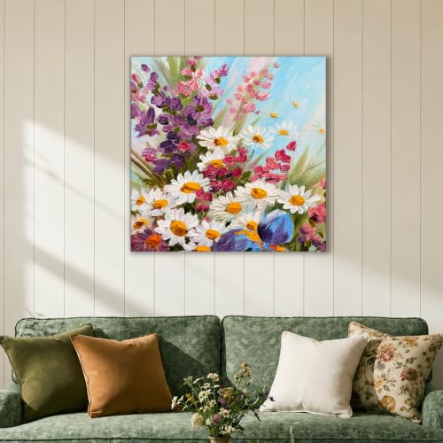Image of PAINTINGMANTRA White Sunflowers Floral Canvas Wall Art Painting for wall decoration, Multicolour MultiFlowers Stretched Canvas Painting for living room, bedroom, Home and Office, 22x22 Inch