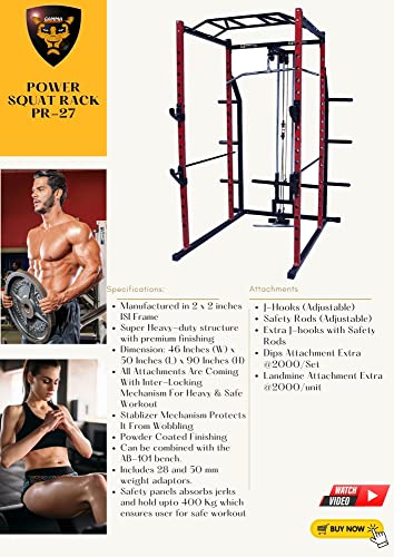 Image of Gamma Fitness Steel Power Squat Rack PR-27 with LATS Pull Down, Rowing Land Mine, Multi-Step Chinning for Home Gym Or Commercial Gym Purpose (Red, Black)