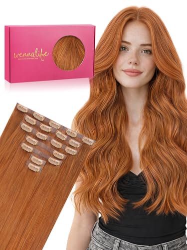 WENNALIFE Seamless Clip In Hair Extensions Human Hair, 20 Inch 150g 7pcs Dirty Ginger Real Hair Extensions Clip in Human Hair Invisible PU Skin Weft Natural Remy Human Hair Extensions