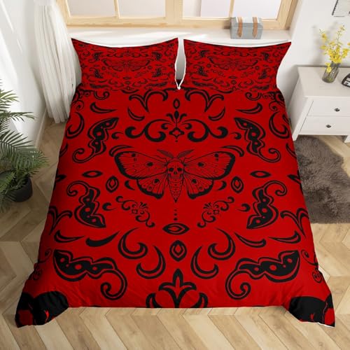 Homewish Housse de Couette 240 x 260 Mite Gothique de La Mort, Parure de Lit Adulte Rouge Noir Damas Goth, Sets de Housses de Couettes Crâne de Papillon de...