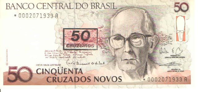 Billet de banque Brésil 50 Cruzeiros 1990 authentique d'époque en état neuf