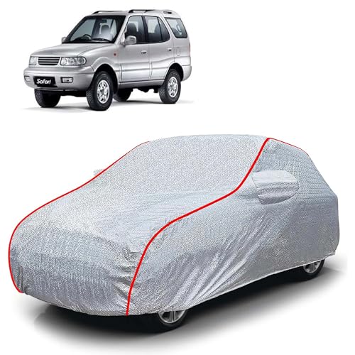 Image of Sulfar 100% Waterproof Car Body Cover Compatible with Mirror for Tata Safari Dicor (Triple Stitched, Full Bottom Elastic, Magic Silver with Red Piping)