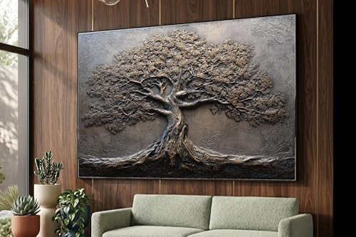 Tableau arbre de vie effet métal texturé de haute qualité, peinture sur toile 70x100