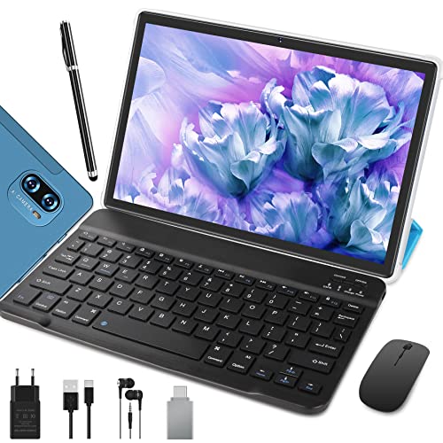 Tablette Tactile 5G + 2.4G WiFi, Processeur 2.0 Ghz Android 11 Tablette 10 Pouces, 4Go RAM + 64 Go ROM (TF 256Go), Bluetooth 5.0, Batterie 8000mAh, 5MP+8MP, Tablette 2 en 1 avec Clavier, Souris, Bleu Cover