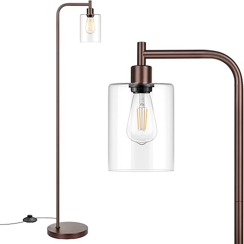 Lámpara de pie industrial con pantalla de vidrio colgante, color marrón aceitado, luz de poste para interiores con base Edison E26, lámpara alta