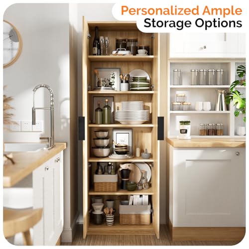 Image of VINGLI 70 inch Modern Pantry Cabinet with Fluted Doors, 5 Adjustable Shelves, Tall Storage Solution for Kitchen, Dining Room, or Living Room, Oak