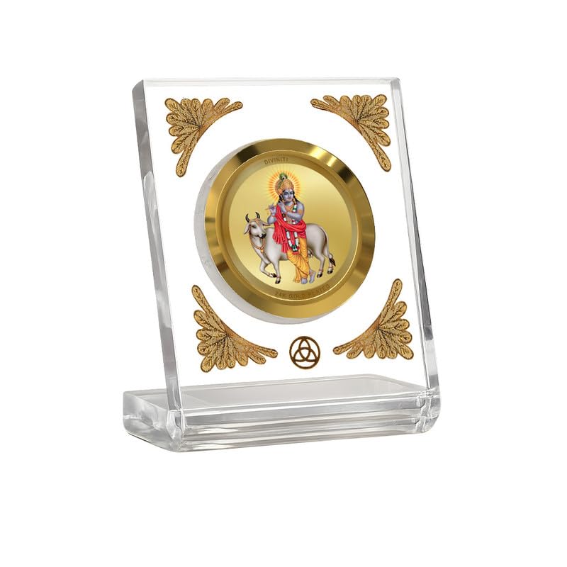Image of DIVINITI 24K Gold Plated Lord Krishna with Surbhi Cow Acrylic Frame for Car Dashboard, Home Temple & Office Table | Premium Spiritual Gift, Blessings for Protection & Positivity, 8x7 cm
