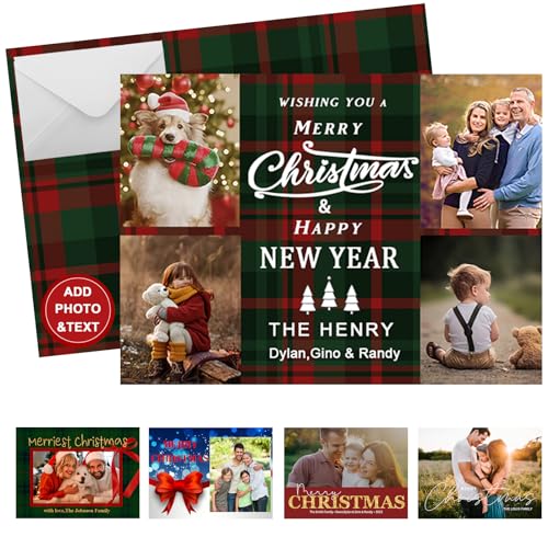Tkanina Personalized Christmas Cards,Premium Quality Photo Christmas Holiday Cards with Envelopes,5x7 Custom Xmas Card - (Xmas and Happy New Year Card & White Envelopes w/Glue)