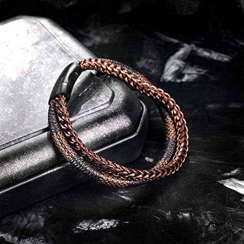 Image of Men's Leather and Steel Chain Bracelet with Clasp