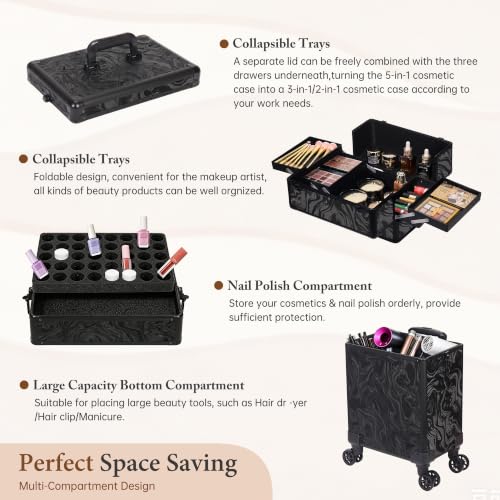 Image of 5 in 1 Rolling Makeup Train Case Professional Cosmetic Trolley Large Storage Organizer on Wheels for Hairstylist Artist Nail Beauty Salon Barber Alipine Black