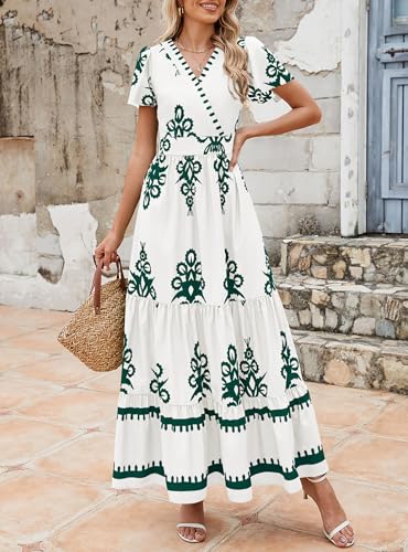Image of PRETTYGARDEN Womens 2026 Summer Casual V Neck Boho Maxi Dress Flowy Aline Bell Sleeve Tiered Floral Dresses with Pocket