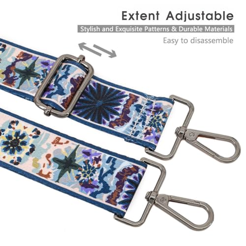 Image of Replacement Purse Strap Shoulder Strap Adjustable Crossbody Strap for Women Crossbody Wide Shoulder Bag, Blue Flowers-black Hardware, 26 inch~51 inch