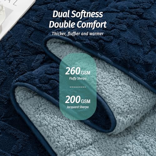 Wemore Weighted Blanket for Adults Twin Size 20 lbs, Dual Sided Soft Fuzzy Jacquard Sherpa Weighted Blankets for Sleeping, Cozy Fluffy Knitted Heavy Blanket for Couch Bed, Navy Blue, 60 x 80 inches