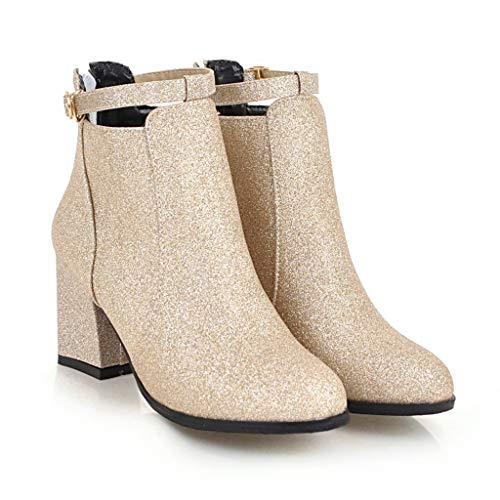 MIOKE Women's Fashion Glitter Dressy Ankle Boots Round Toe Buckle Zip Chunky High Heel Dressy Short Booties2