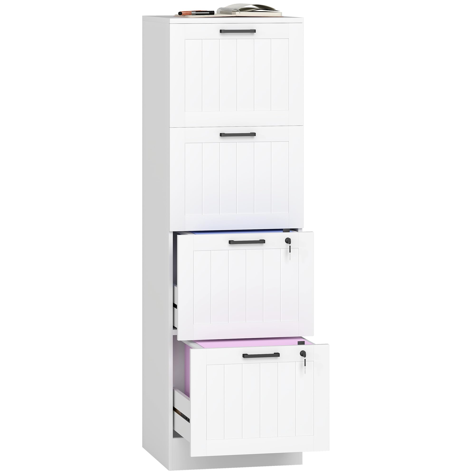 HOMCOM 4 Drawer File Cabinet with Lock, Vertical Filing Cabinet with Adjustable Hanging Bars for A4 and Letter Size File Folders, Printer Stand with Storage, White