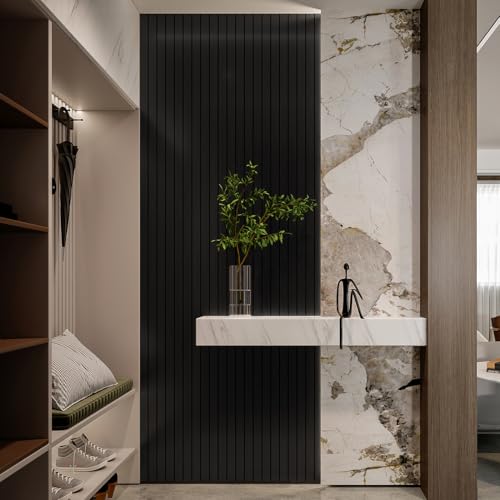 Panel de pared de listones de PVC de madera negra sintética, paneles 3D autoadhesivos de 236" 3