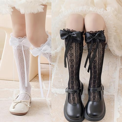 Girls Ruffle Knee Socks Bowknot Ribbon Thigh High Stockings Socks3