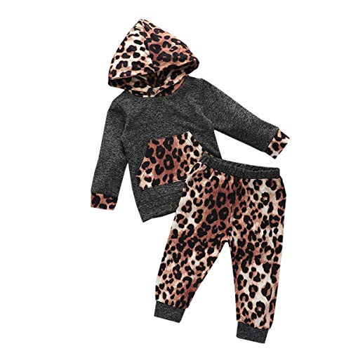 Baby Boy Girl Leopard Print Clothes Long Sleeve Hoodie Pocket Sweatshirt Tops + Pants 2Pcs Casual Fall Winter Outfits Set (12-18 Months, Hat Leopard - Grey)