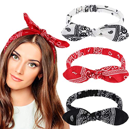 Bandana Headbands for Girls Women Boho Bow Paisley Knot Headwrap Retro Elastic Rabbit Ear Hairband (3 Pieces, Paisley Style)