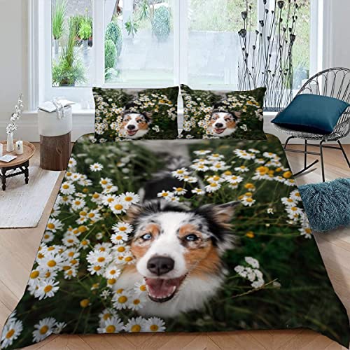 Image of AASIRA Astoria Sheepdog Duvet Cover 155x220cm 3D Printed Chamomile Bedding Set Soft Microfiber Comforter Cover with Zipper Quilt Cover for Teenager Kids Room Decor with 2 Pillowcase 50x75 cm