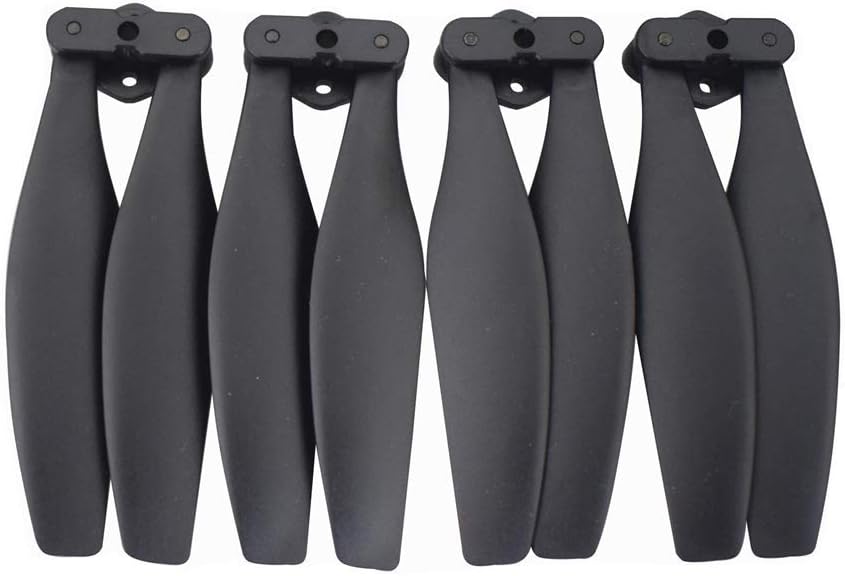 Eight black drone propellers in a folded state, arranged in two rows of four.