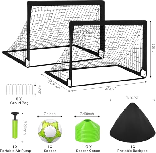 Image of 2 Soccer Goal of 4X3 FT for Backyard, Portable Football Goal Training Equipment with Soccer Ball, 10 Football Cones, Carry Bag, Practice Net for Youth Games, Sports