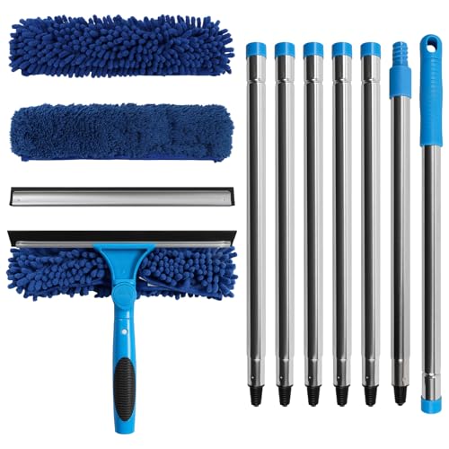MLOQI 280 cm Limpia Cristales Ventanas 2 en 1 con Mango Extensible, Limpia Cristales Limpiador de Ventanas con 2 Raspadores de Silicona & Paños de Microfibra (Azul Oscuro)