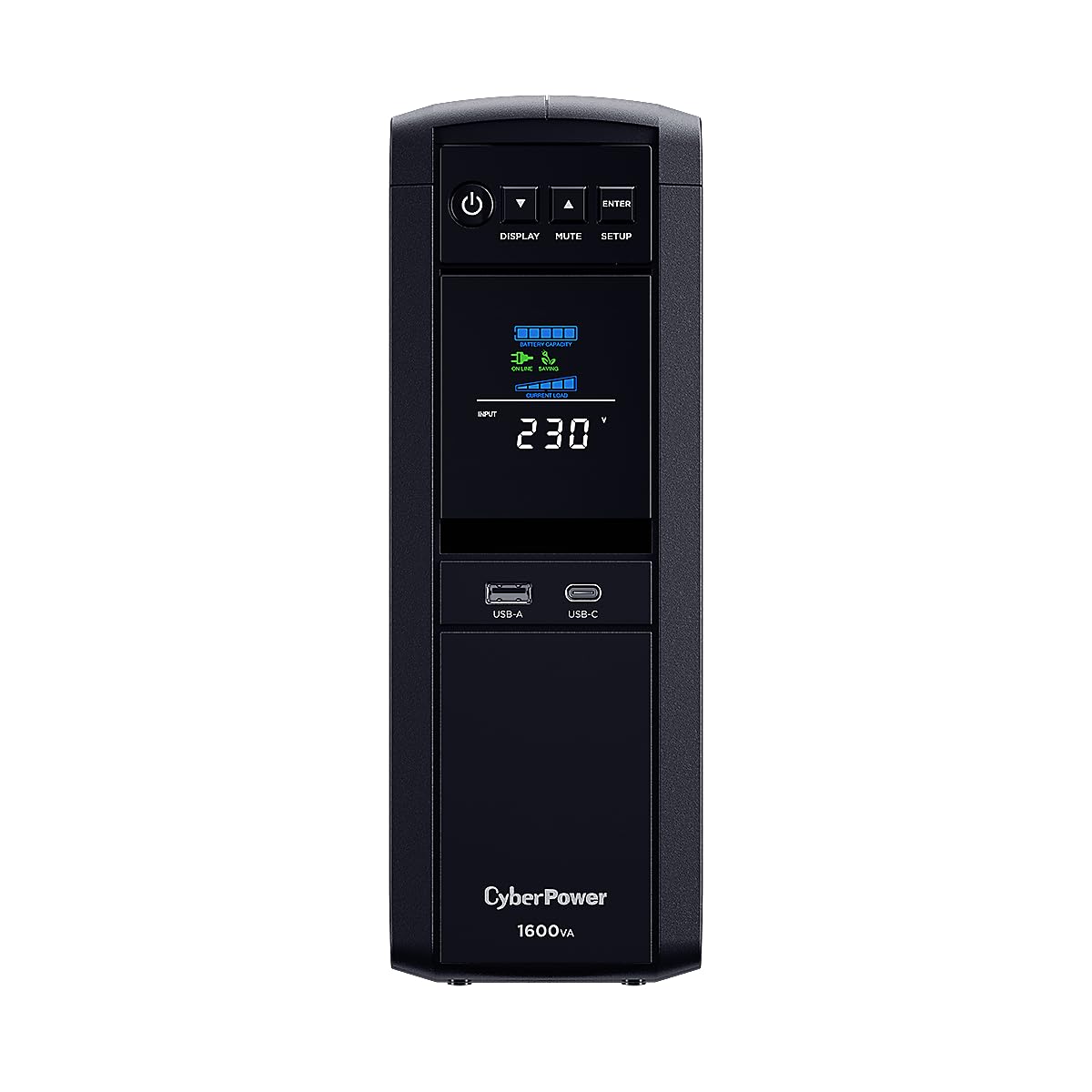 CyberPower CP1600EPFCLCD Line-Interactive UPS 1600VA/1000W Onda sinusoidale pura, AVR, LCD, USB (HID), DB9, RJ45 Lan Protection, 6x Schuko, porta per comunicazione di rete, caricatore USB A+C