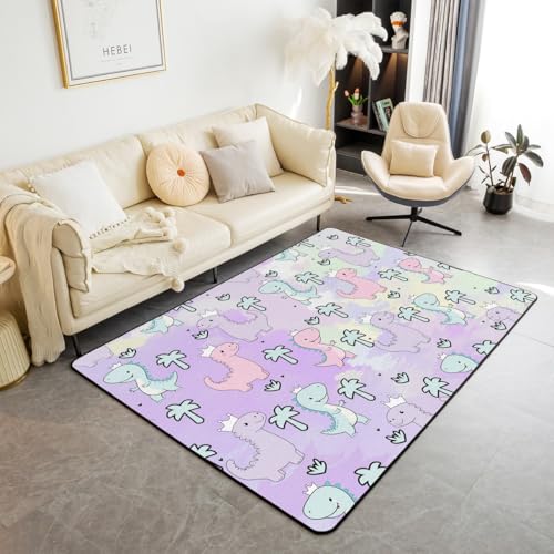 Image of Erosebridal Dinosaur Area Rug 3'x5', Kawaii Dinosaur Carpet for Kids Girls Boys Teens Gift Bedroom Decor, Cartoon Cute Animals Decorative Rug Mat,Palm Leaf Accent Rug Set, Green Purple Pink