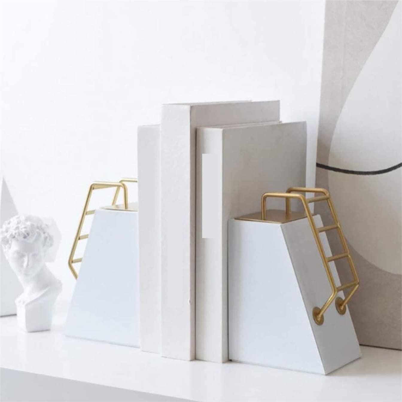 Fermalibri a Forma di Scala Mobile Fermalibri in Metallo Fermalibri da scrivania per Ufficio Supporto per mensola per Libri creativi per Ufficio Domestico,Bianco 12 * 9 * 19cm