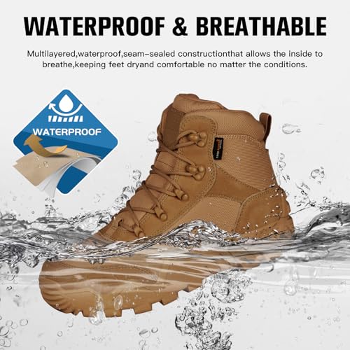 FREE SOLDIER Men's Waterproof Hiking Boots Tactical Work Boots Outdoor Lightweight Military Boots(Brown, US 11.5W)2