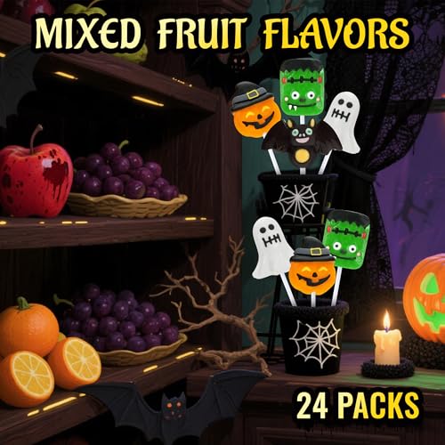 Auebriy Halloween Lollipops Suckers - 24 Pack Fruity Halloween Candy Individually Wrapped, Ghost, Bat, Pumpkin & Monster Lollipops, Spooky Candy for Trick or Treat, Party Favors & Goody Bag Fillers - image 2